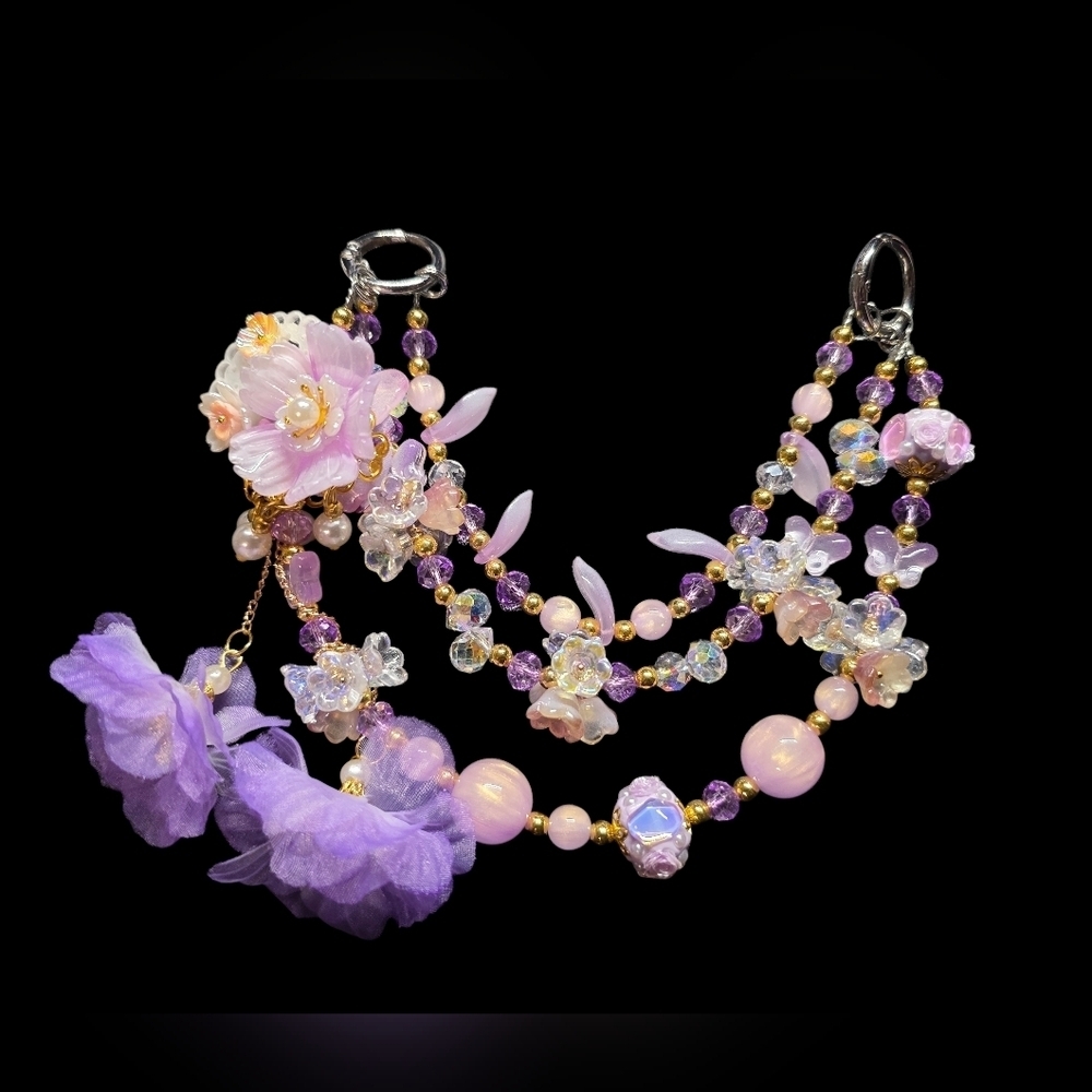 Elegant Pink and Purple Floral Beaded Bag Charm